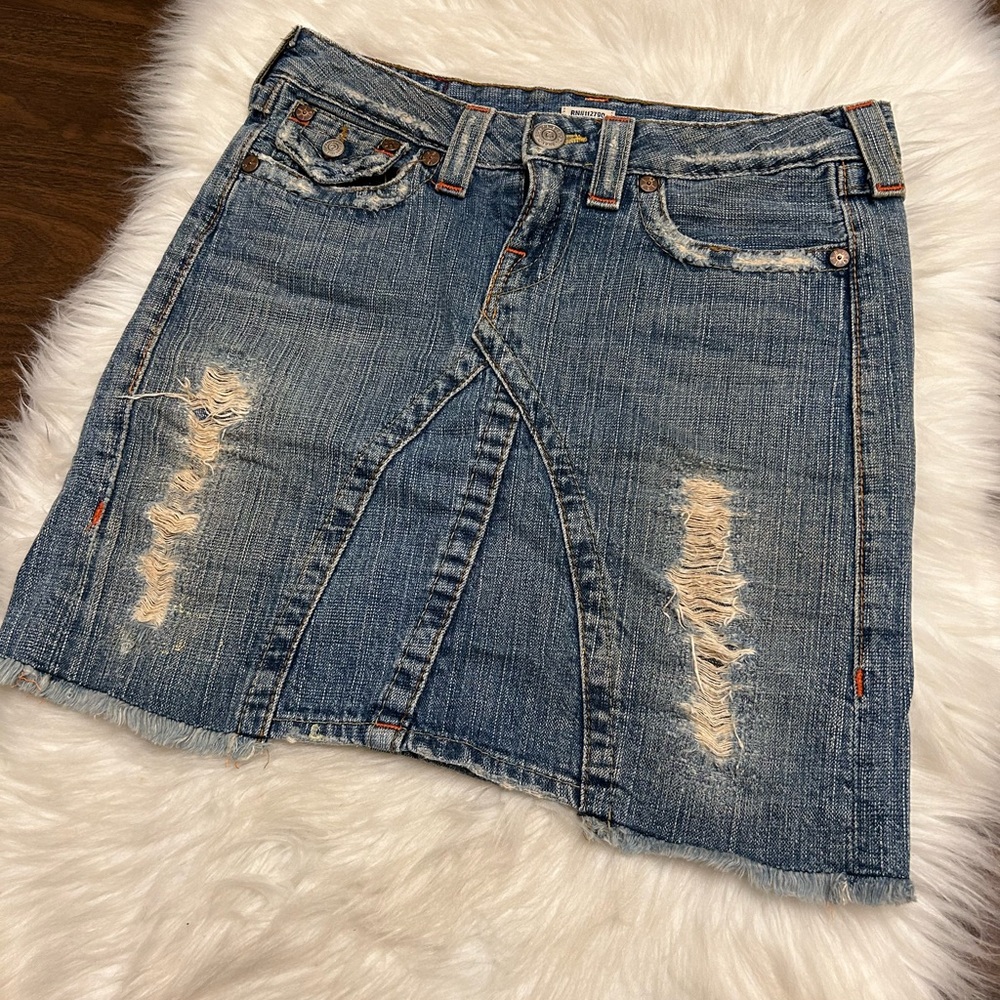 TRUE RELIGION ‘Joey’ Y2K Distressed Denim Mini Skirt